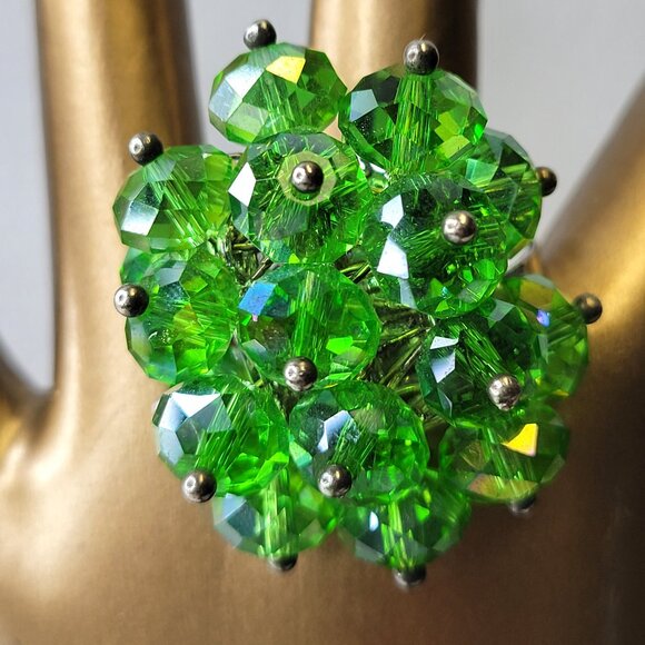 Green Crystal Cluster Ring, Adjustable Crystal Ring,  Statement Crystal Ring - Picture 1 of 10